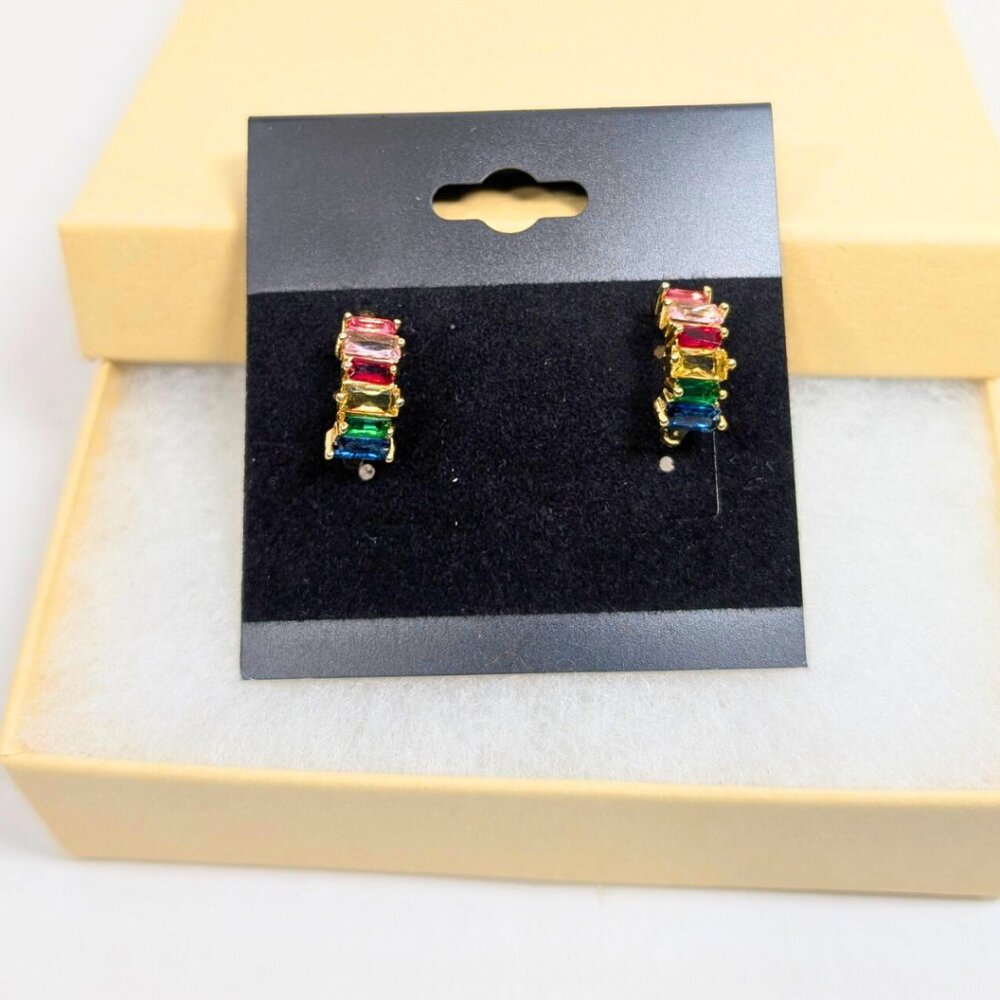 Golden Rainbow Rhinestone Gem Multicolor CZ Gold Plated Small Earrings - Picture 8 of 8